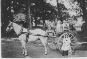 Sepia photograph showing milk float and horse belonging to Mr Morris of The Mall, Newport. Small girl in sunbonnet and boots standing by float.