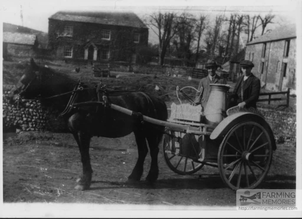 Black and white photo of a man and boy with a milk churn in a cart being pulled by a pony. The cart is marked 'Pan Manor Dairy' over the wheel and Morris, Pan Manor Farm at the front