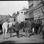 Glass negative of horse transport and a crowd assembled in St. James Square, Newport, for market day