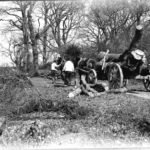 Glass negative of men working with two horses harnessed to heavy log cart