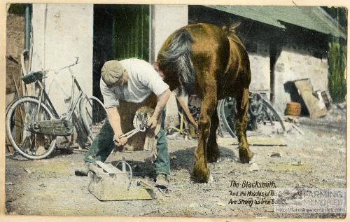 Tinted photograph shows a blacksmith shoeing a horse, with tools and a bicycle visible in the background